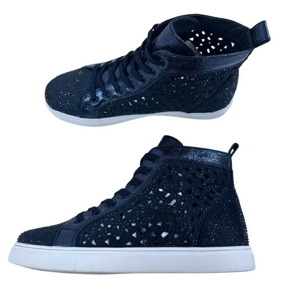 Lady Couture Flat Laser Cut High Top Bling Rhinestone Sneaker Navy Women's Size - Picture 9 of 10